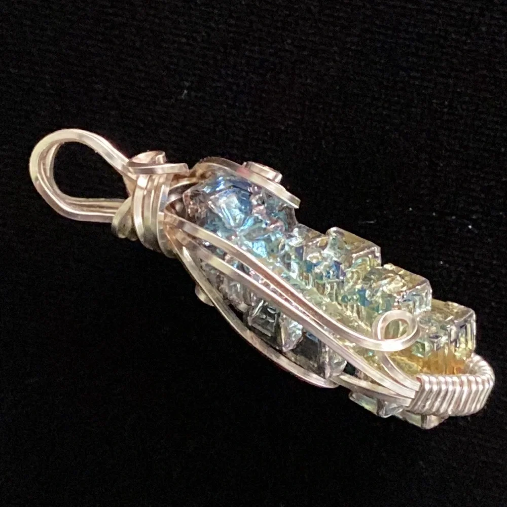 Dragon scale Silver Wire cage wrap pendant rainbow iridescent geo wrap bismuth